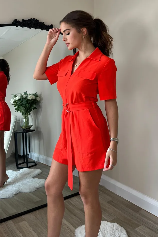 Clementine Orange Utility Style Playsuit Women Girl In Mind Jumpsuits and Playsuits
