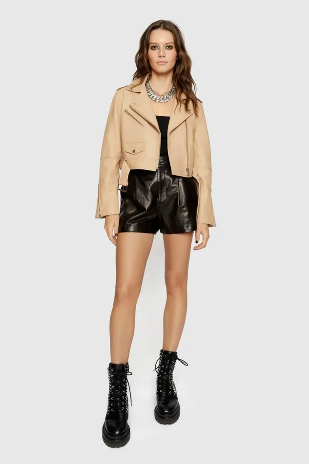 Clothing Leather Rebecca Minkoff Cropped Jett Moto Jacket Sand Dune