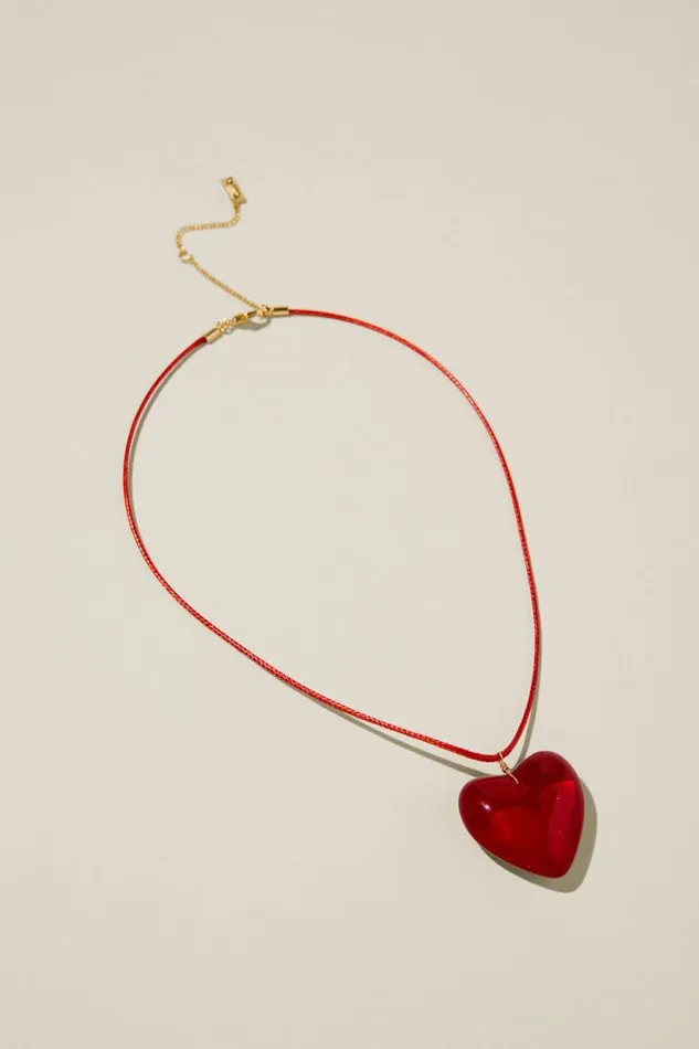 Cord Pendant Necklace Red Glass Heart Women Cotton On Jewelry