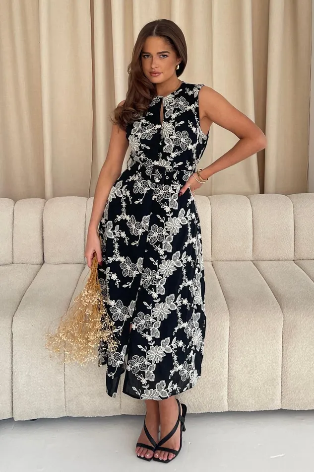 Cordelia Floral Embroidery Midi Dress Black Women Girl In Mind CoOrds
