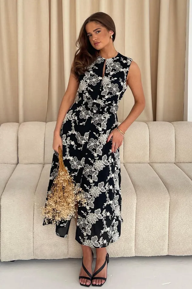 Cordelia Floral Embroidery Midi Dress Black Women Girl In Mind CoOrds