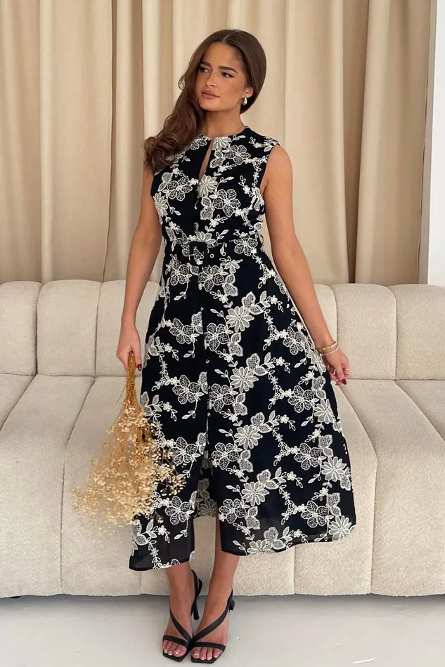 Cordelia Floral Embroidery Midi Dress Black Women Girl In Mind CoOrds