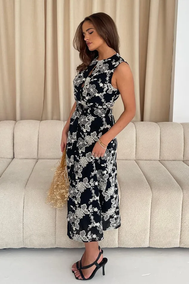 Cordelia Floral Embroidery Midi Dress Black Women Girl In Mind CoOrds