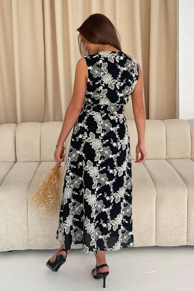 Cordelia Floral Embroidery Midi Dress Black Women Girl In Mind CoOrds