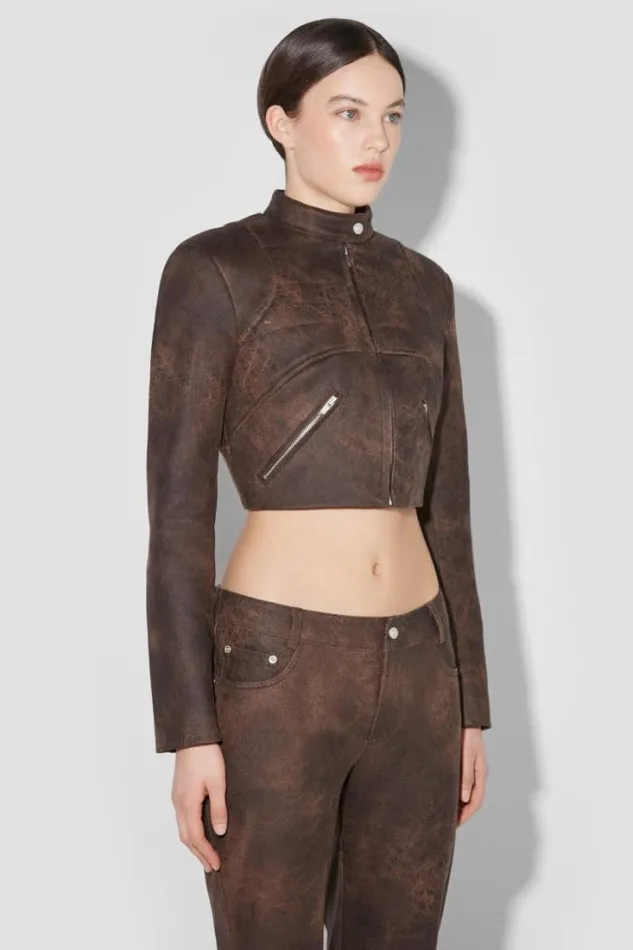 Cracked Faux Leather Cropped Moto Jacket Brown Women MISBHV Outerwear