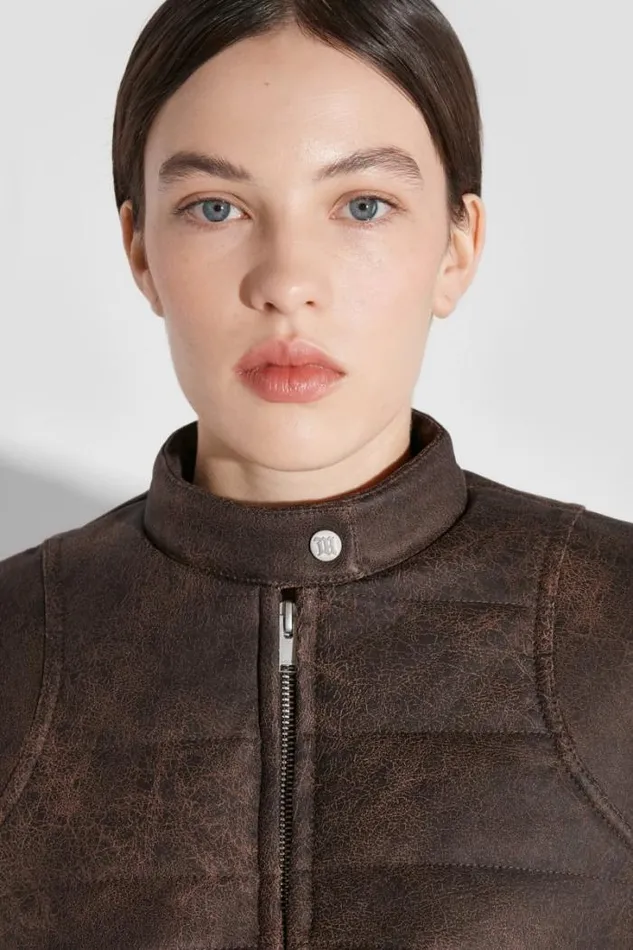 Cracked Faux Leather Cropped Moto Jacket Brown Women MISBHV Outerwear