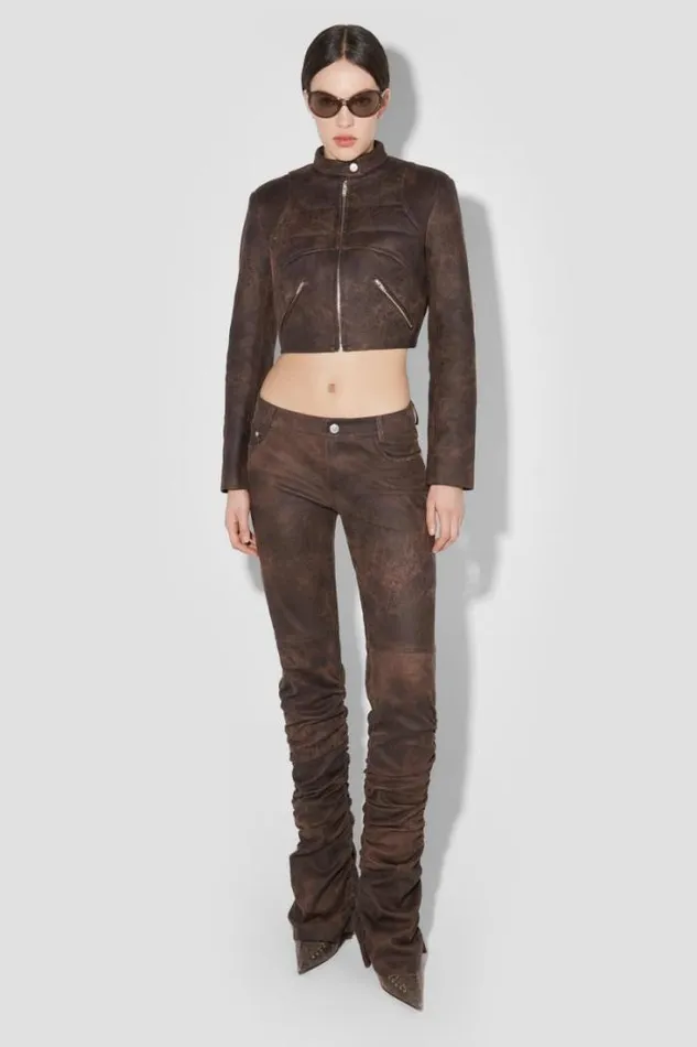 Cracked Faux Leather Cropped Moto Jacket Brown Women MISBHV Outerwear