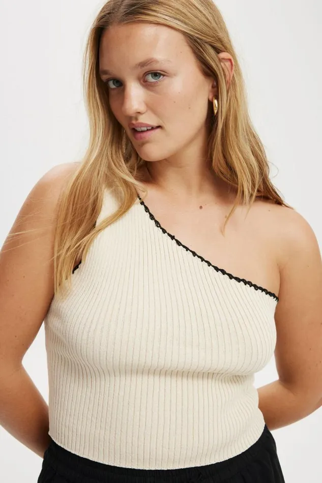 Crochet Trim Rib One Shoulder Ecru Women Cotton On Tops