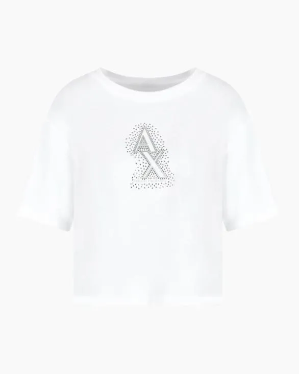 Cropped Tshirt With Rhinestone Logo White Women Armani TShirts