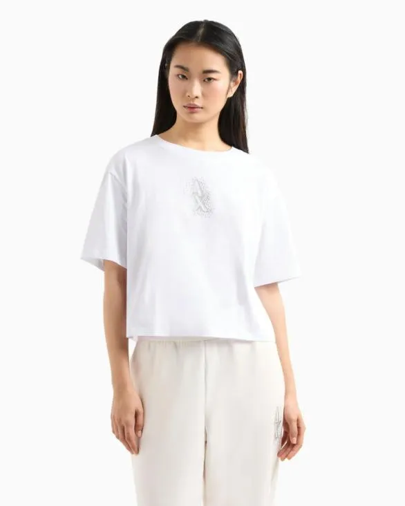 Cropped Tshirt With Rhinestone Logo White Women Armani TShirts Cropped Tshirt With Rhinestone Logo White Women Armani TShirts