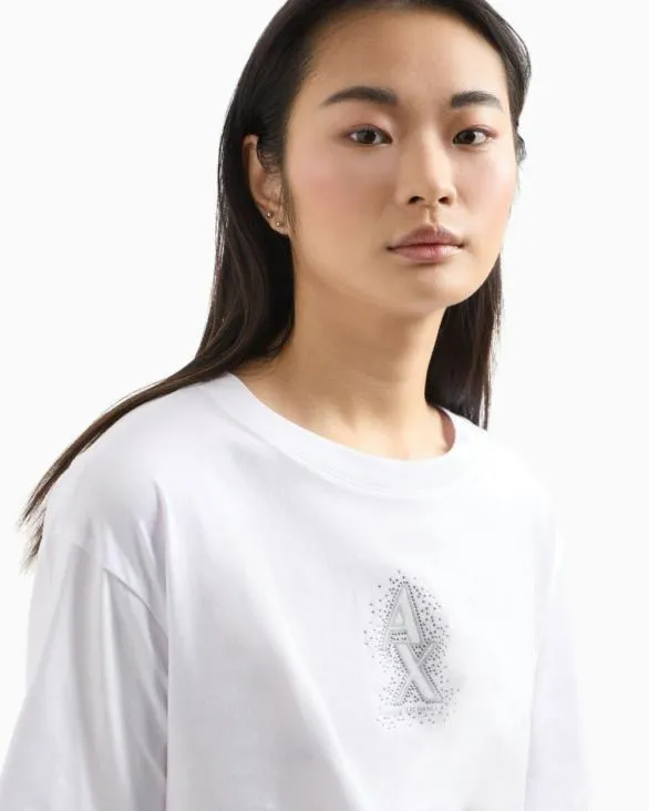 Cropped Tshirt With Rhinestone Logo White Women Armani TShirts Cropped Tshirt With Rhinestone Logo White Women Armani TShirts