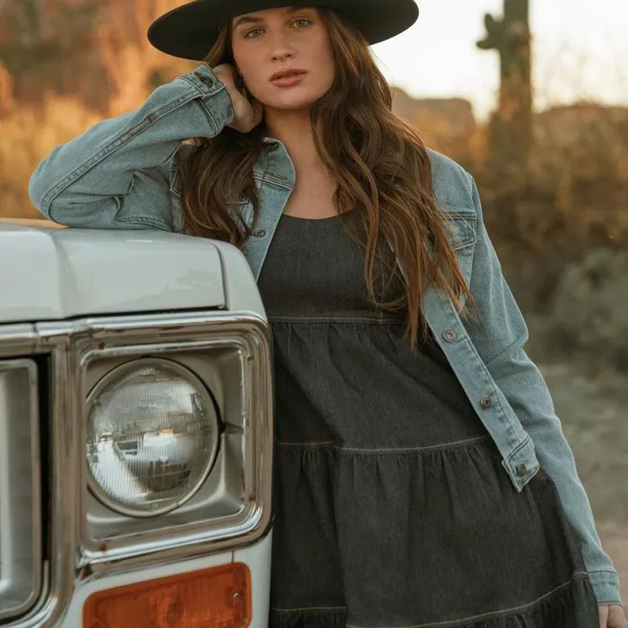 Dark Denim Dress With Contrast Top Stitching Blue Women Stetson Mini