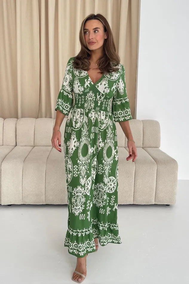 Dorothy Border Print Maxi Dress Green Women Girl In Mind CoOrds