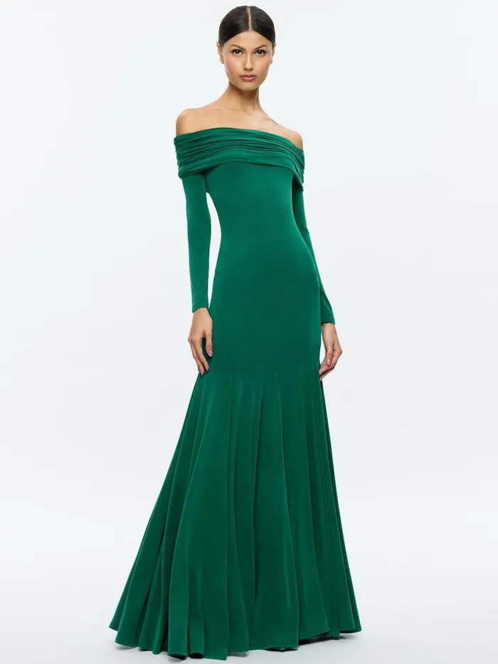 Dresses Women Alice Olivia AUGUSTA OFF THE SHOULDER RUCHED MAXI DRESS Forest Green Dresses Women Alice Olivia AUGUSTA OFF THE SHOULDER RUCHED MAXI DRESS Forest Green