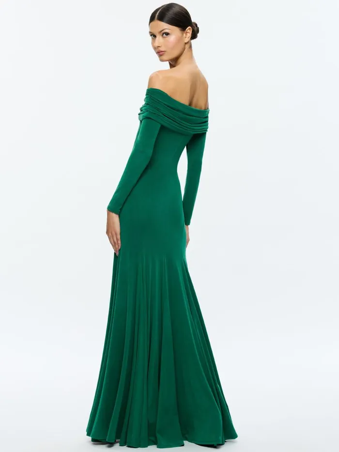 Dresses Women Alice Olivia AUGUSTA OFF THE SHOULDER RUCHED MAXI DRESS Forest Green