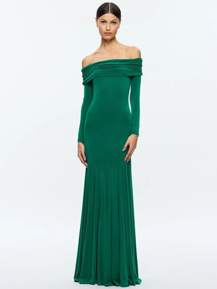 Dresses Women Alice Olivia AUGUSTA OFF THE SHOULDER RUCHED MAXI DRESS Forest Green