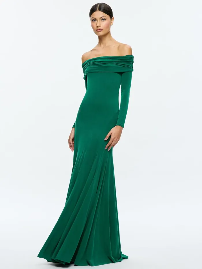 Dresses Women Alice Olivia AUGUSTA OFF THE SHOULDER RUCHED MAXI DRESS Forest Green