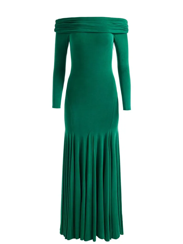 Dresses Women Alice Olivia AUGUSTA OFF THE SHOULDER RUCHED MAXI DRESS Forest Green