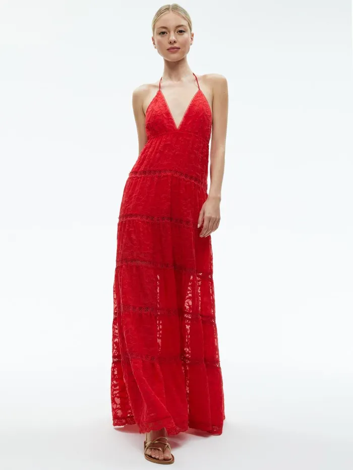 Dresses Women Alice Olivia MAE HALTER TIERED MAXI DRESS Bright Ruby