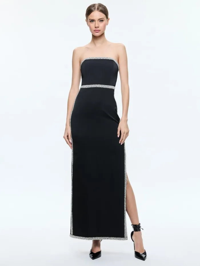 Dresses Women Alice Olivia MARILYNN STRAPLESS MAXI DRESS WITH CRYSTAL RACING STRIPE Black