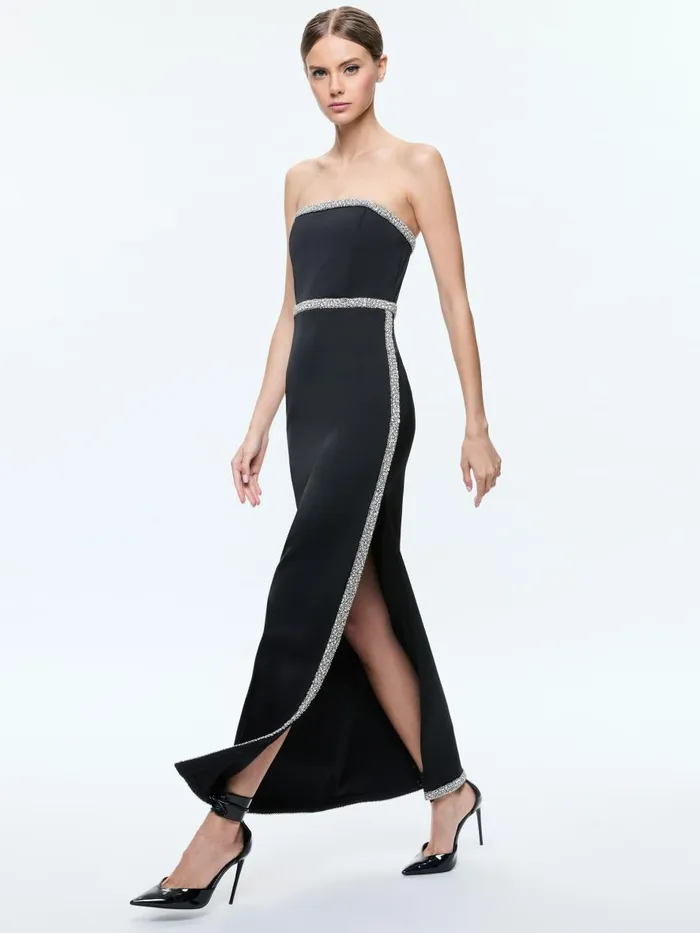 Dresses Women Alice Olivia MARILYNN STRAPLESS MAXI DRESS WITH CRYSTAL RACING STRIPE Black