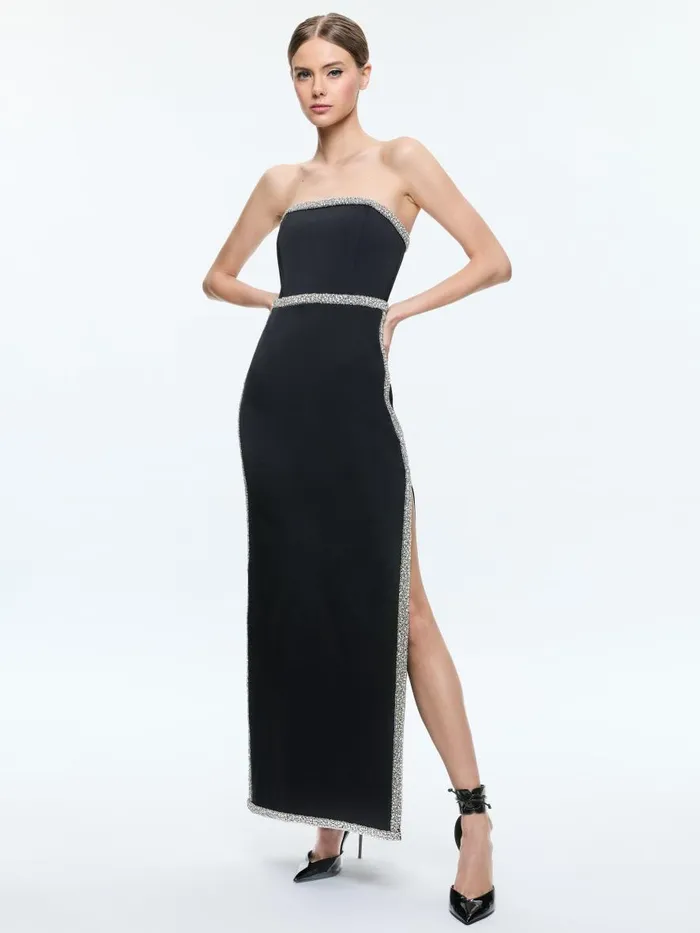 Dresses Women Alice Olivia MARILYNN STRAPLESS MAXI DRESS WITH CRYSTAL RACING STRIPE Black
