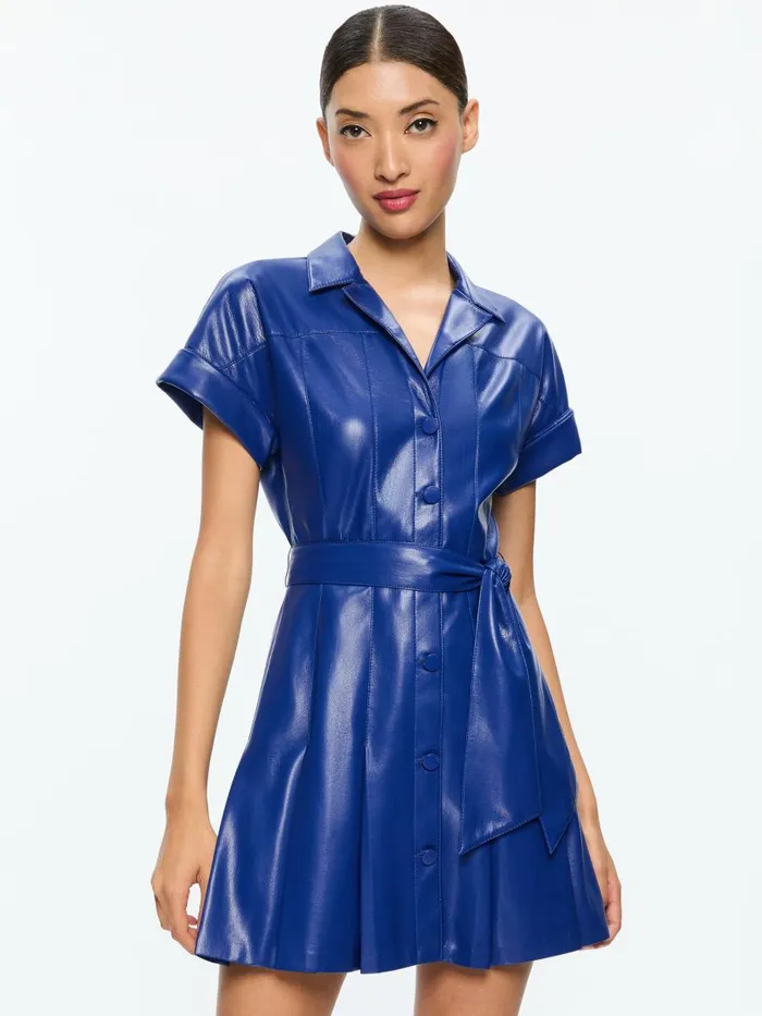 Dresses Women Alice Olivia SHIRLEY SHORT SLEEVE VEGAN LEATHER PLEATED MINI SHIRT DRESS Royal
