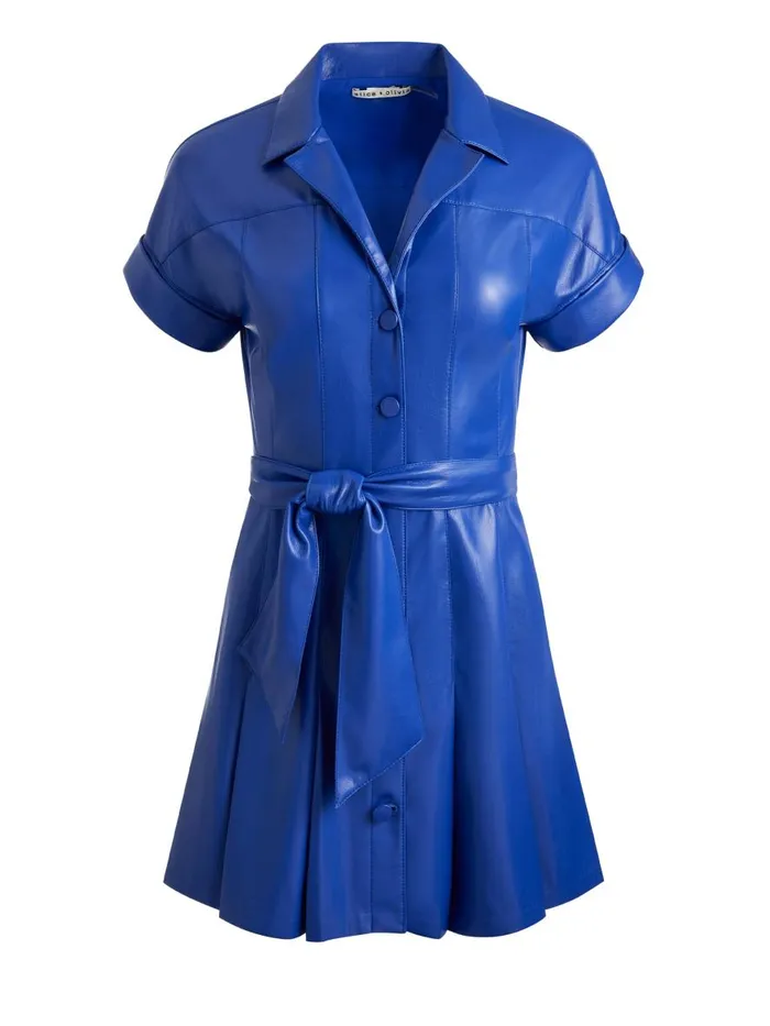Dresses Women Alice Olivia SHIRLEY SHORT SLEEVE VEGAN LEATHER PLEATED MINI SHIRT DRESS Royal