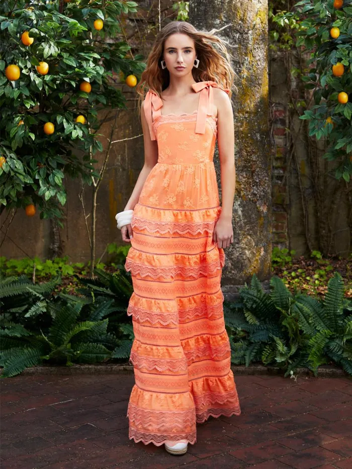 Dresses Women Alice Olivia VEGA SLEEVELESS TIERED MAXI DRESS Coral