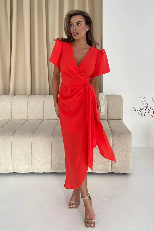 Drew Puff Sleeve Wrap Front Midi Dress Orange Women Girl In Mind Midi Dresses