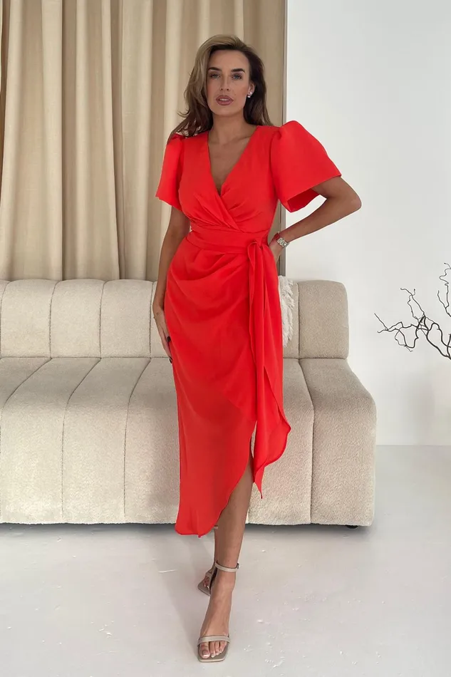 Drew Puff Sleeve Wrap Front Midi Dress Orange Women Girl In Mind Midi Dresses