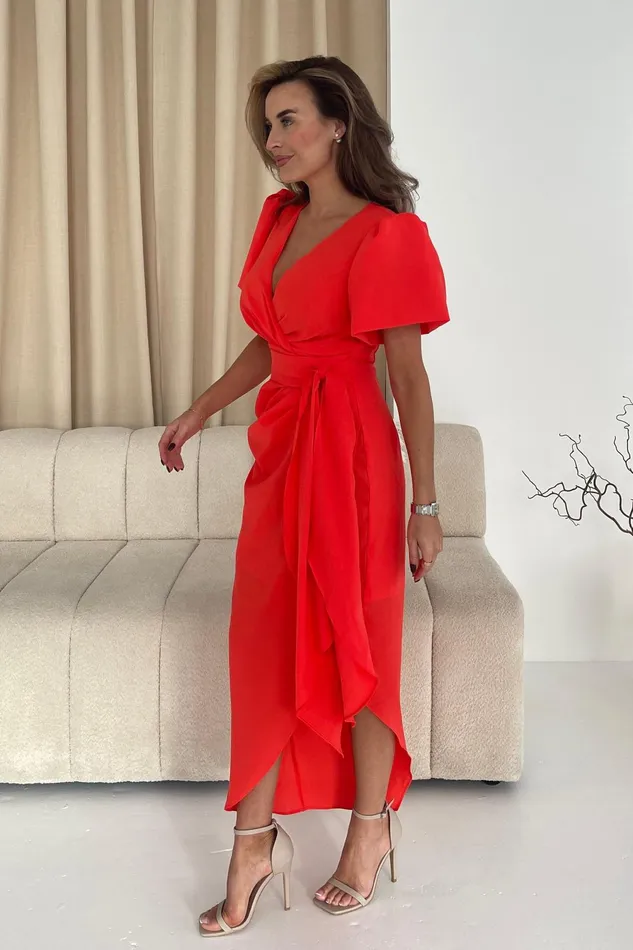 Drew Puff Sleeve Wrap Front Midi Dress Orange Women Girl In Mind Midi Dresses