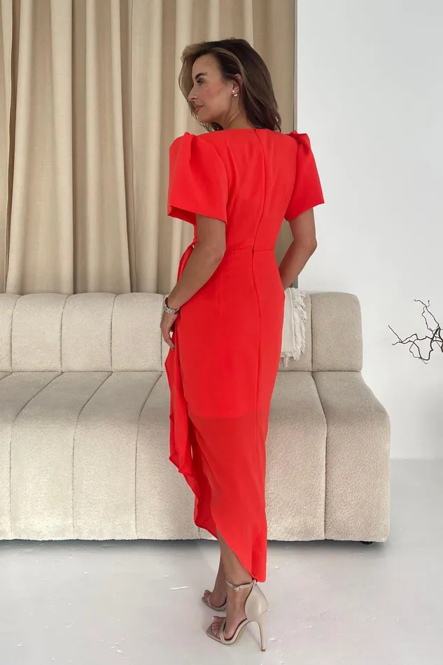 Drew Puff Sleeve Wrap Front Midi Dress Orange Women Girl In Mind Midi Dresses
