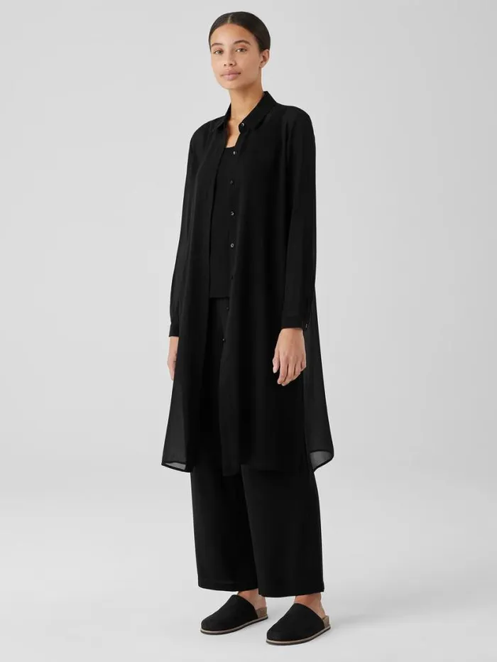 Eileen Fisher Petite Sheer Silk Georgette Classic Collar Long Shirt Black 8211 Shop
