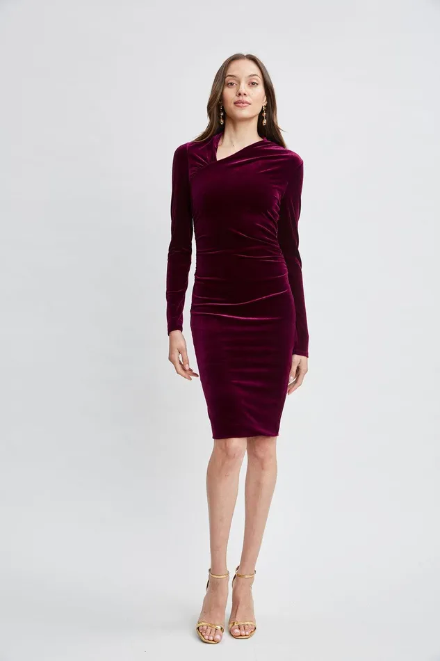 Elie Tahari Asymmetric Ruched Velvet Dress Burgundy Women Suiting