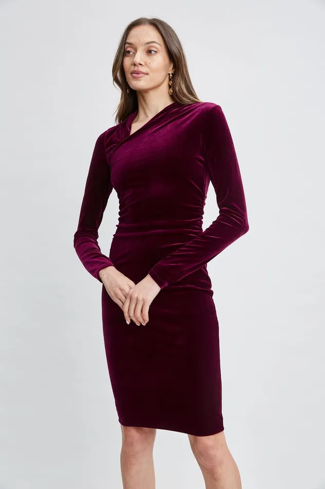 Elie Tahari Asymmetric Ruched Velvet Dress Burgundy Women Suiting