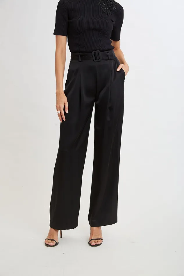 Elie Tahari Belted Satin Pleated Pant Black Women Bottoms
