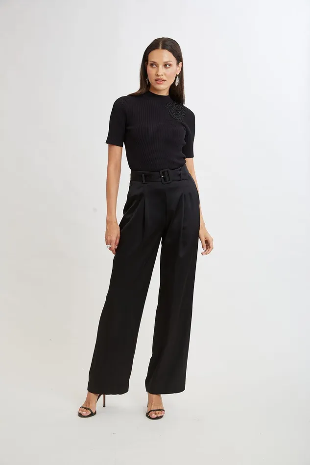 Elie Tahari Belted Satin Pleated Pant Black Women Bottoms