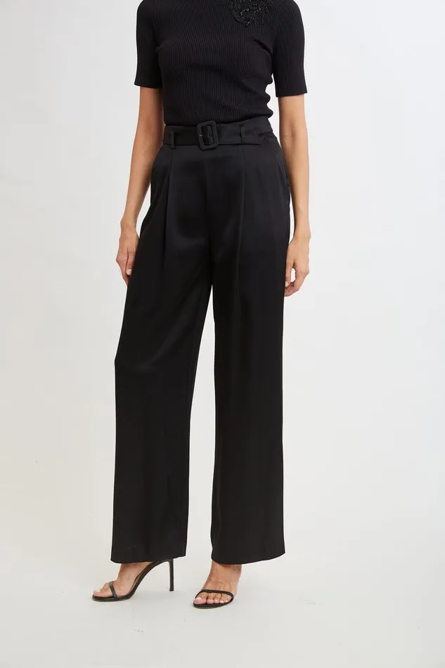 Elie Tahari Belted Satin Pleated Pant Black Women Bottoms