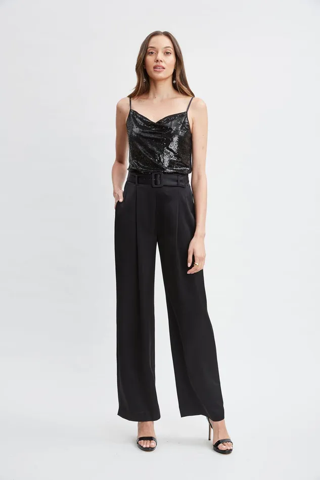 Elie Tahari Belted Satin Pleated Pant Black Women Bottoms