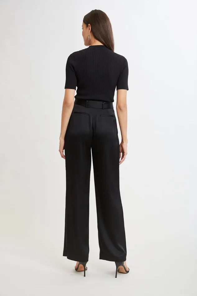 Elie Tahari Belted Satin Pleated Pant Black Women Bottoms