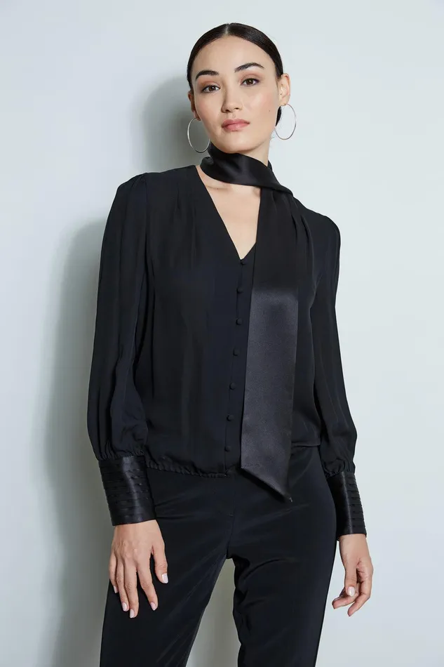 Elie Tahari Blouson Satin Tie Shirt Black Women Tops