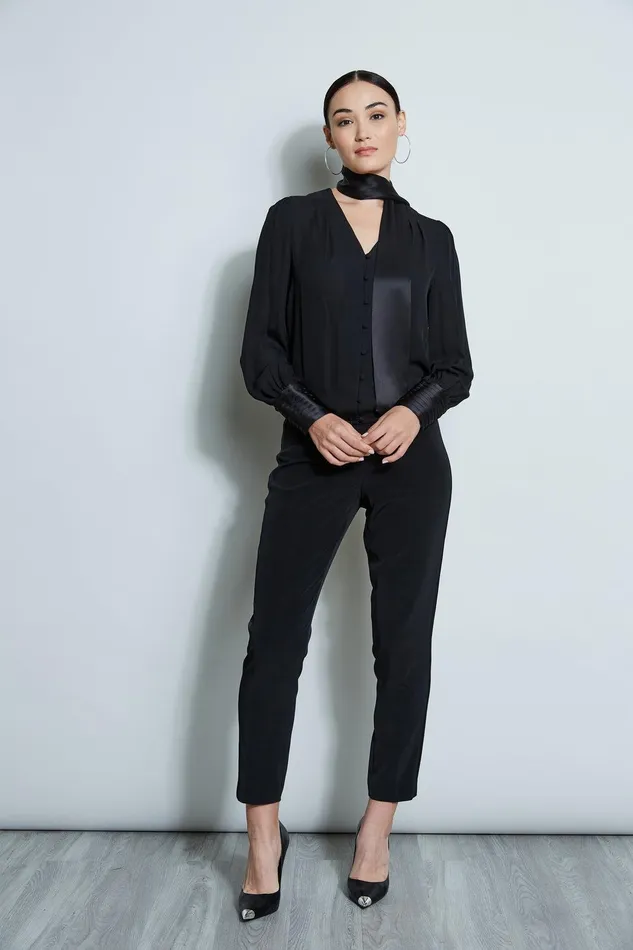 Elie Tahari Blouson Satin Tie Shirt Black Women Tops