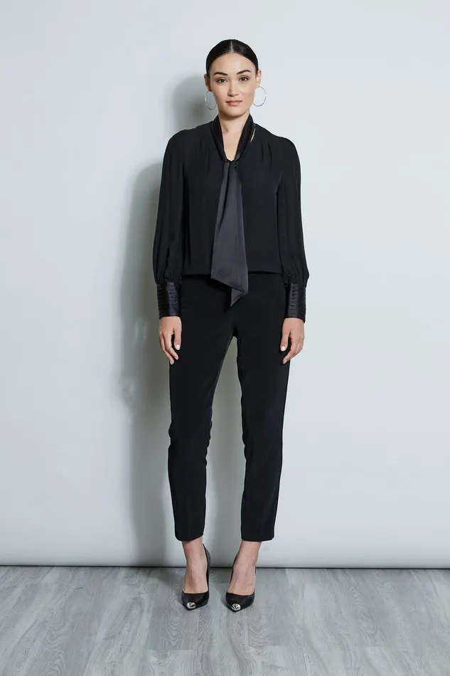 Elie Tahari Blouson Satin Tie Shirt Black Women Tops