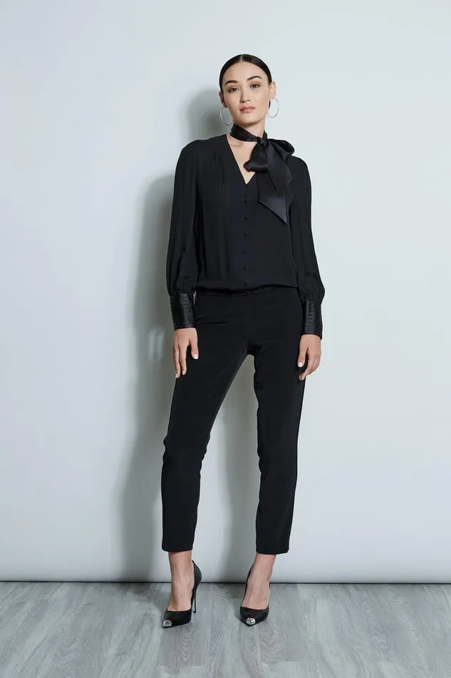 Elie Tahari Blouson Satin Tie Shirt Black Women Tops