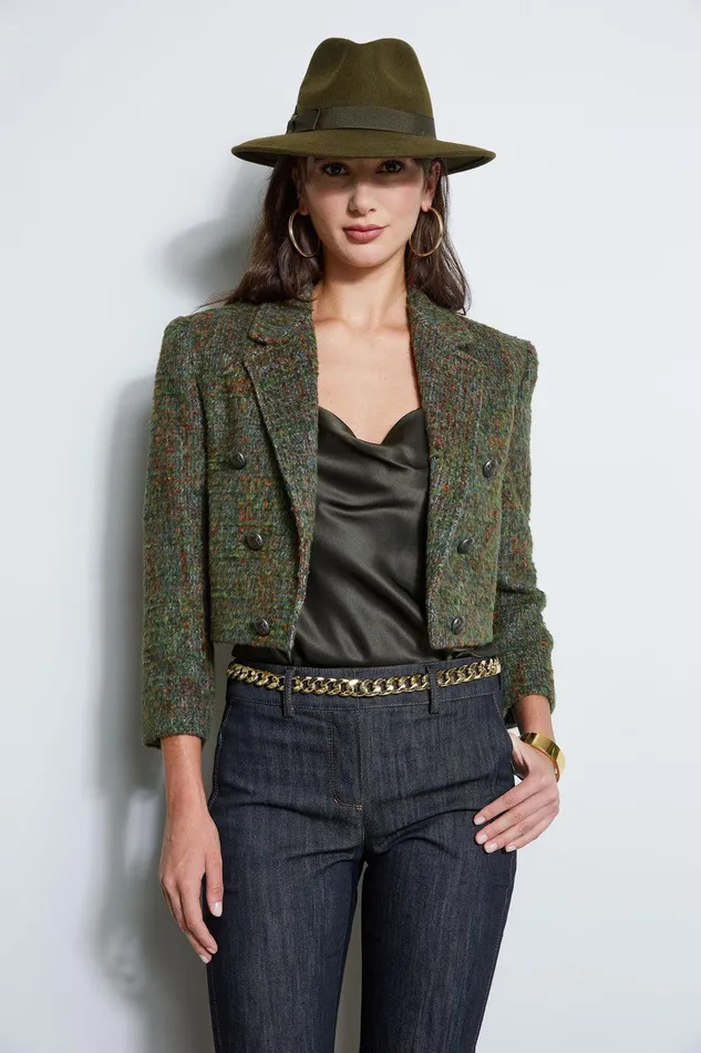 Elie Tahari Boucle Tweed Cropped Jacket Olive Multi Women Jackets and Blazers