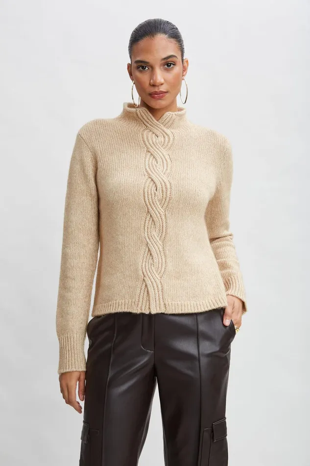 Elie Tahari Cable Front Cotton Merino Sweater Toffee Melange Women Tops