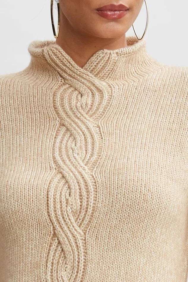 Elie Tahari Cable Front Cotton Merino Sweater Toffee Melange Women Tops