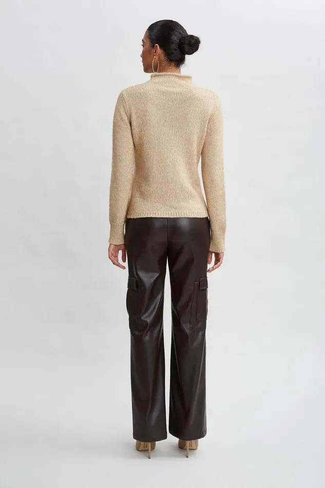 Elie Tahari Cable Front Cotton Merino Sweater Toffee Melange Women Tops