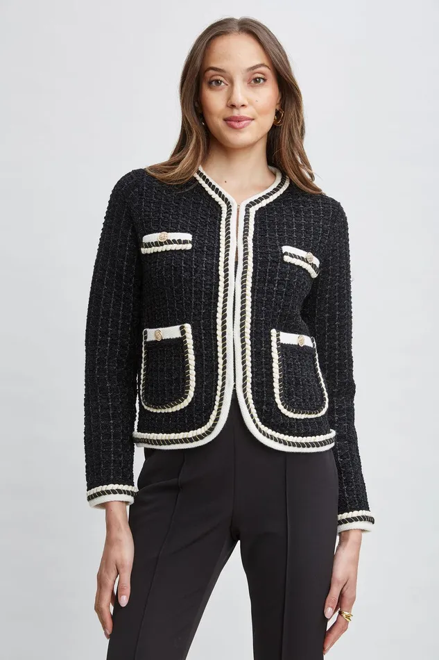 Elie Tahari Contrast Cardigan Sweater Noirsky White Women Tops